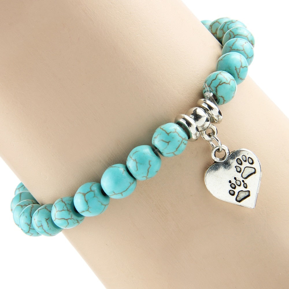 Vintage Heart Dog Cat Animal Feet Footprint Blue Bead Pendant Bracelet Women Girl Statement Jewelry