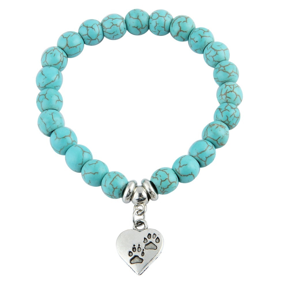 Vintage Heart Dog Cat Animal Feet Footprint Blue Bead Pendant Bracelet Women Girl Statement Jewelry