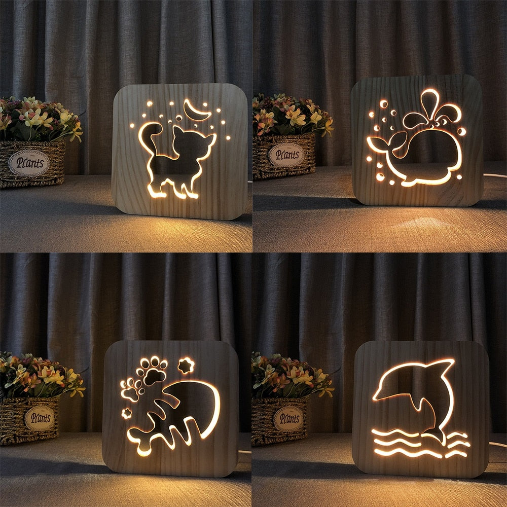 Wooden Dog Paw Cat Animal Night Light French Bulldog Luminaria 3D Lamp USB Powered Desk Lights