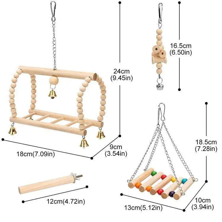 8pcs Pet Bird Toys Set Parrot Chewing Undyed Wooden Toys Environmental Healthy Swing Ladder Combination Toys for Bird Cage