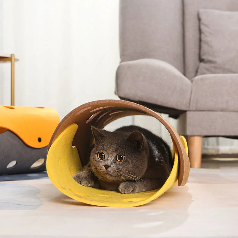 Felt cat tunnel pompom stitching cat tunnel deformable kitten nest foldable tube house tunnel pet interactive toy cat accessorie