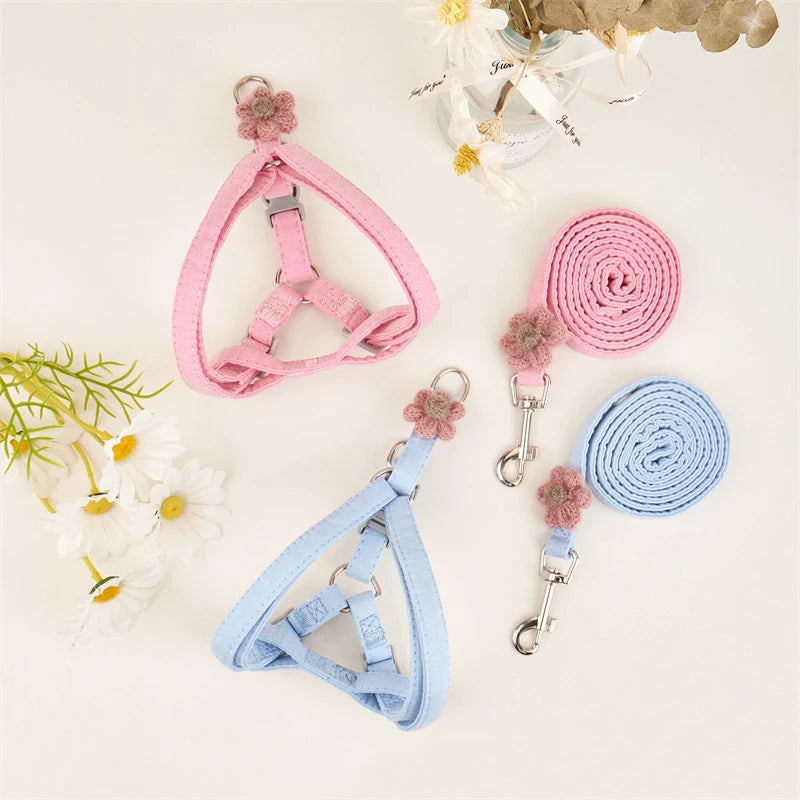 Pet Collars For Dogs And Dog Harness With Leash Set Flower Cat Collars Leads Puppy Vest Dog Accessories Cat Supplies Pink Blue