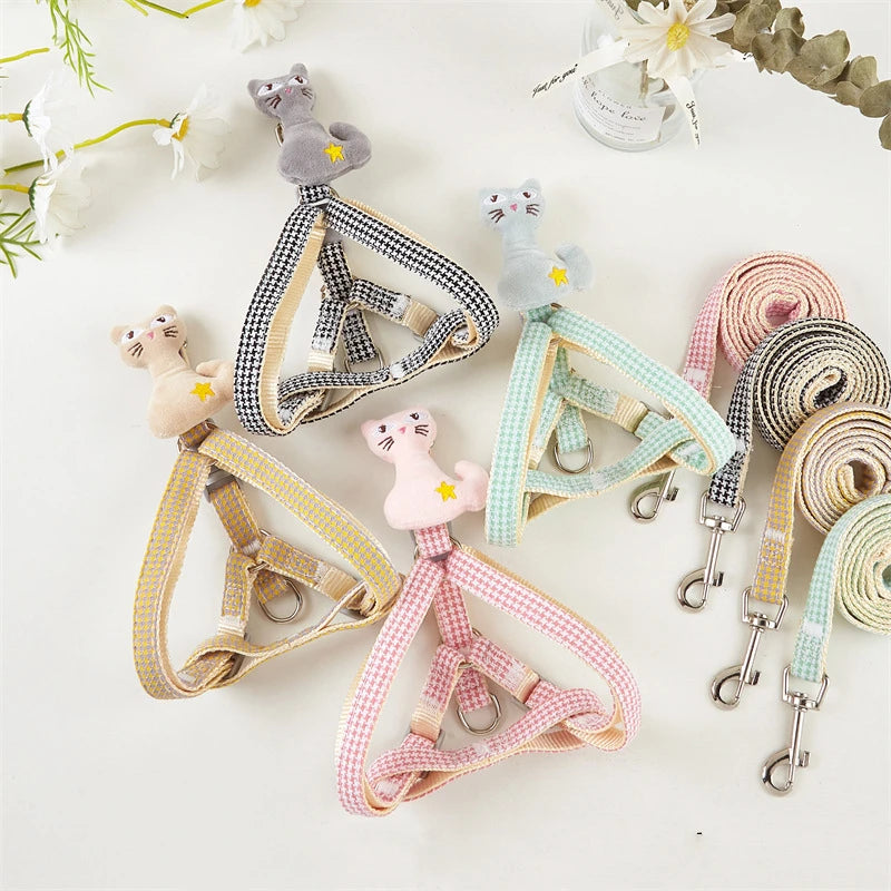 Pet Collars For Dogs And Dog Harness With Leash Set Flower Cat Collars Leads Puppy Vest Dog Accessories Cat Supplies Pink Blue