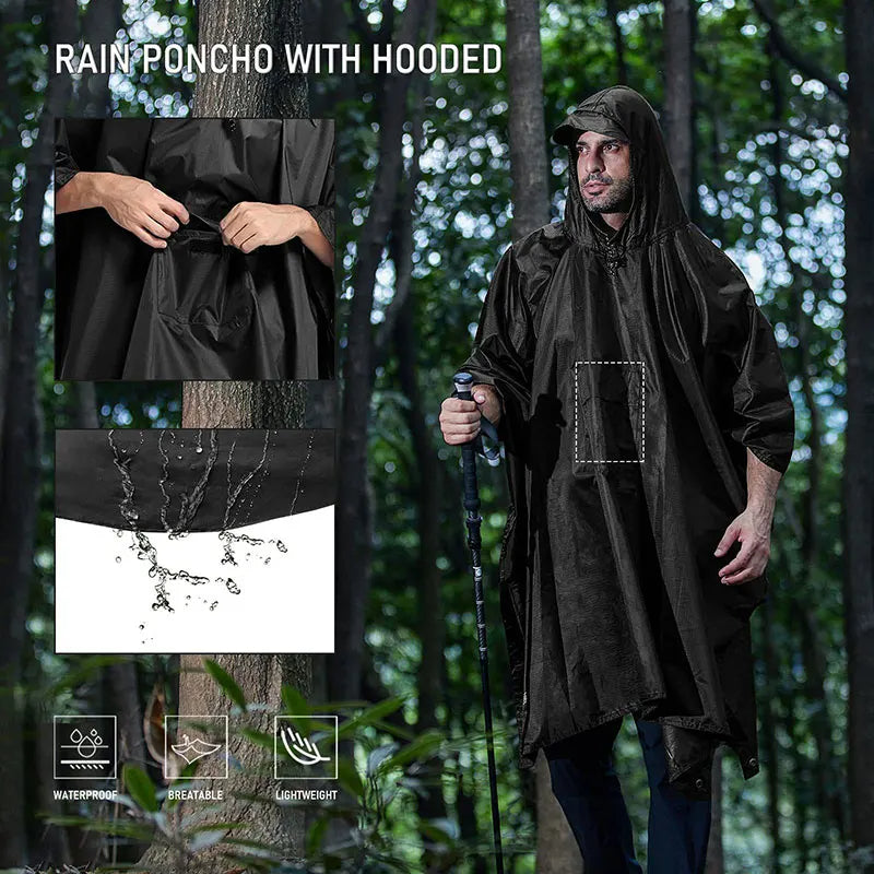 3 In 1 Outdoor Military Raincoat Hooded Sleeve Waterproof Rain Poncho Motorcycle Rain Cover Camping Hiking Travel Rainwear Tent