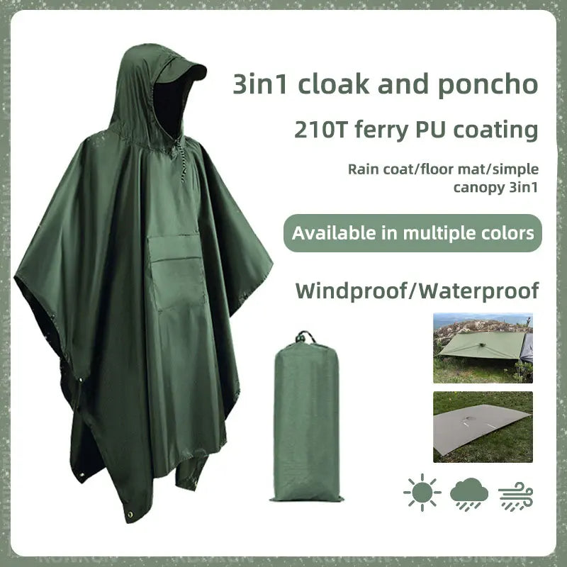 3 In 1 Outdoor Military Raincoat Hooded Sleeve Waterproof Rain Poncho Motorcycle Rain Cover Camping Hiking Travel Rainwear Tent