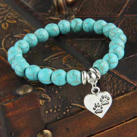 Vintage Heart Dog Cat Animal Feet Footprint Blue Bead Pendant Bracelet Women Girl Statement Jewelry
