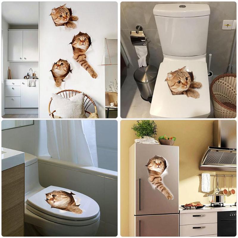 3D Cats Fridge Toilet Wall Sticker Bathroom Hotel Restaurant Home Decoration Animal Vinyl Decals Art Sticker Poster Ornament