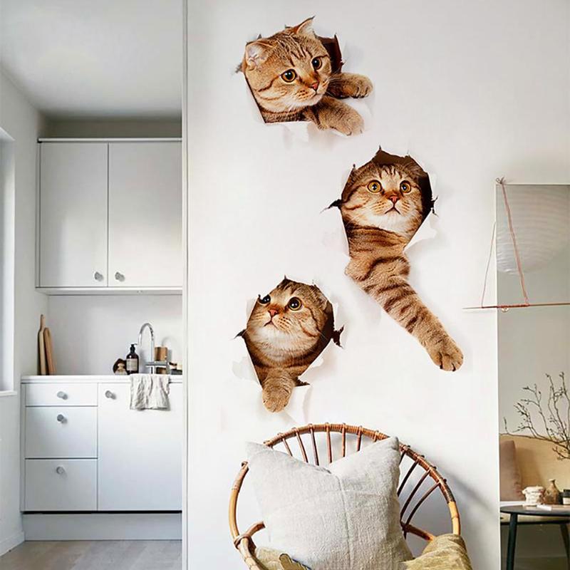 3D Cats Fridge Toilet Wall Sticker Bathroom Hotel Restaurant Home Decoration Animal Vinyl Decals Art Sticker Poster Ornament