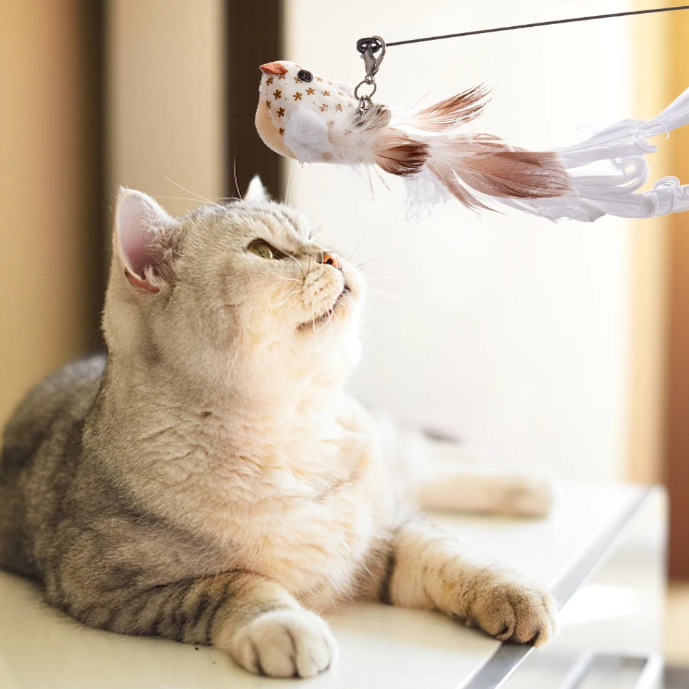 Handfree Bird/Feather Cat Wand with Bell Powerful Suction Cup Interactive Toys for Cats Kitten Hunting Exercise Pet Products