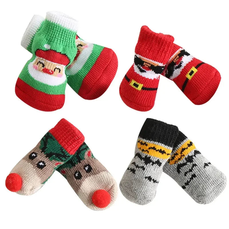 4pcs/set Pet Non-slip Socks Indoor Warm Dog Socks Cute Cat Dog Christmas Foot Cover Socks Shoes Dog Shoes for Small Dogs