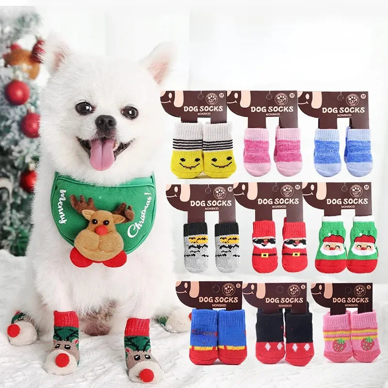 4pcs/set Pet Non-slip Socks Indoor Warm Dog Socks Cute Cat Dog Christmas Foot Cover Socks Shoes Dog Shoes for Small Dogs