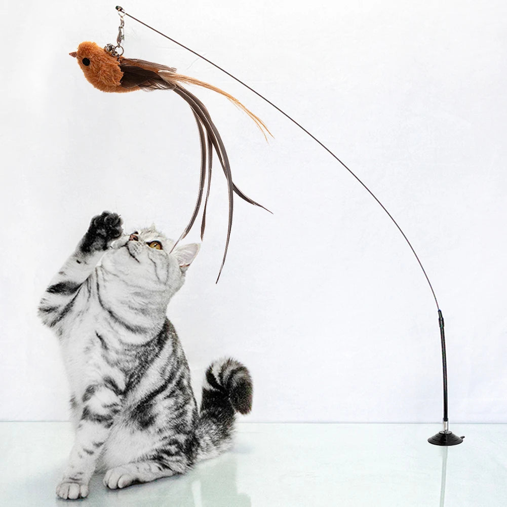 Handfree Bird/Feather Cat Wand with Bell Powerful Suction Cup Interactive Toys for Cats Kitten Hunting Exercise Pet Products