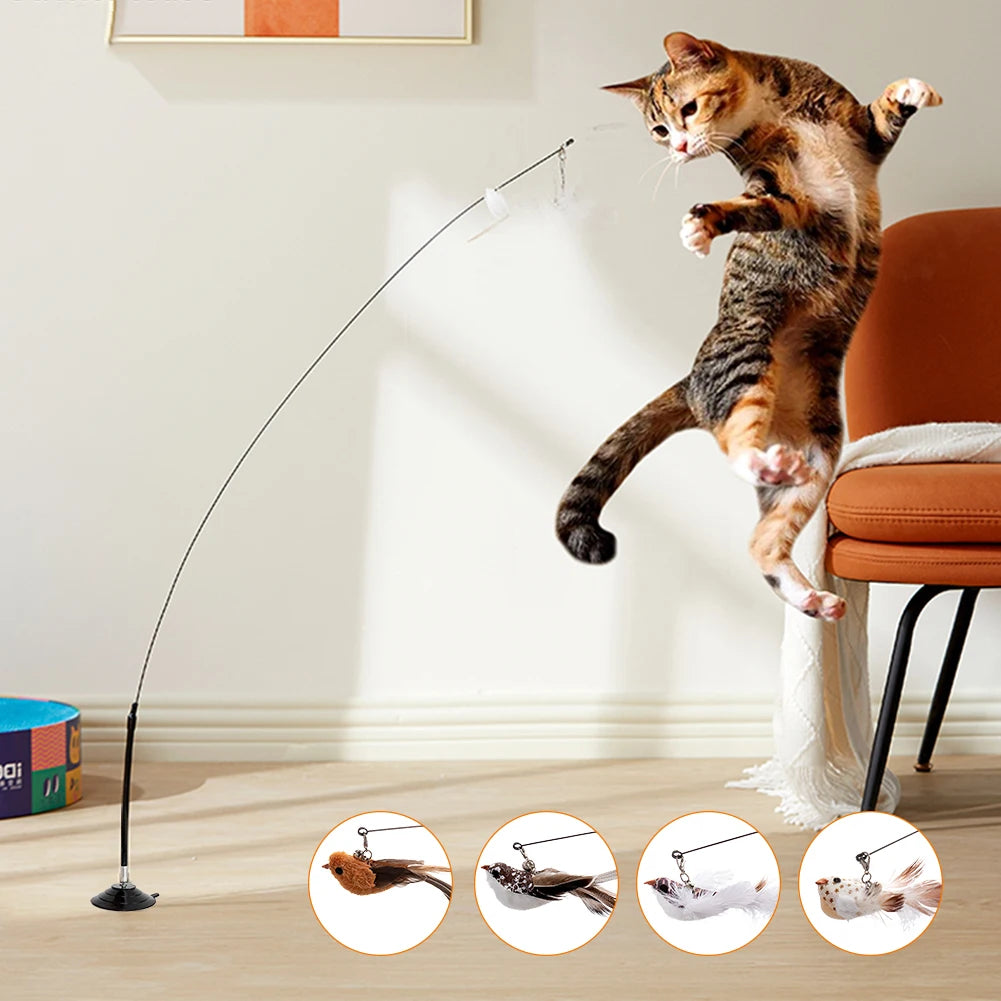Handfree Bird/Feather Cat Wand with Bell Powerful Suction Cup Interactive Toys for Cats Kitten Hunting Exercise Pet Products
