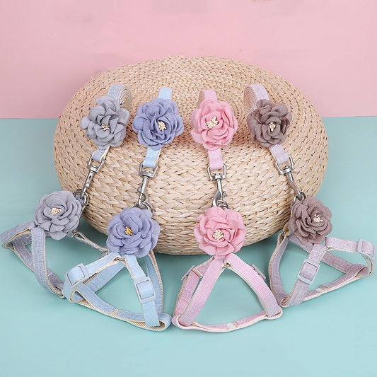 Pet Collars For Dogs And Dog Harness With Leash Set Flower Cat Collars Leads Puppy Vest Dog Accessories Cat Supplies Pink Blue