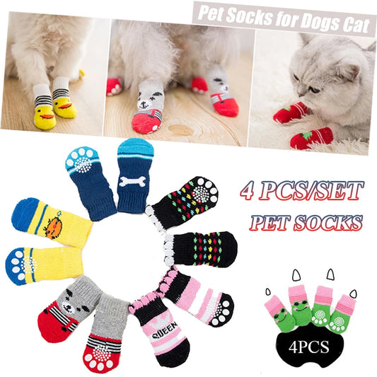 4pcs/set Winter Warm Dog Socks Cute Cartoon Anti Slip Skid Pet Shoes Socks Soft Breathable Paw Protector for Puppy Cat Dogs