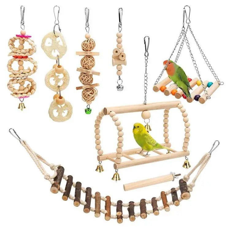 8pcs Pet Bird Toys Set Parrot Chewing Undyed Wooden Toys Environmental Healthy Swing Ladder Combination Toys for Bird Cage