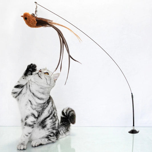 Handfree Bird/Feather Cat Wand with Bell Powerful Suction Cup Interactive Toys for Cats Kitten Hunting Exercise Pet Products